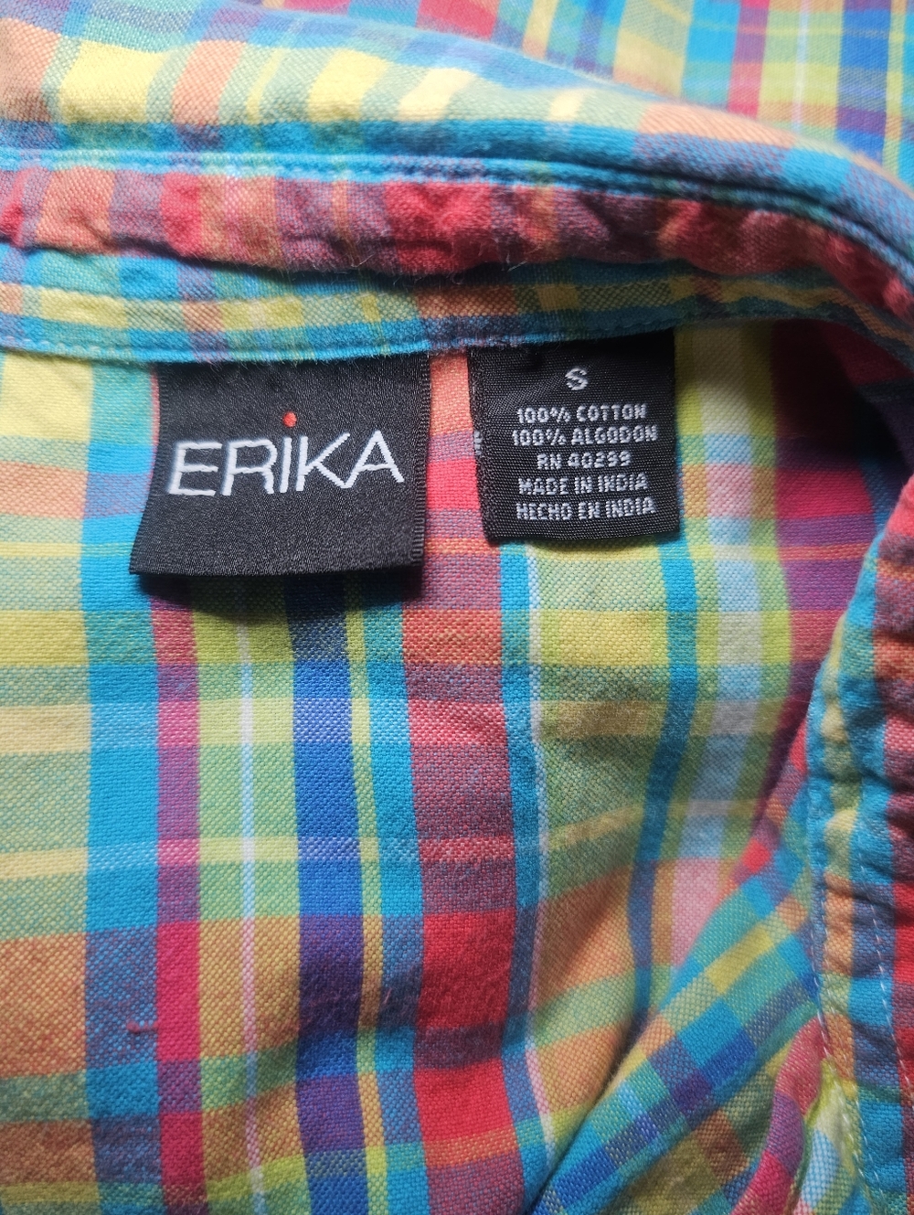 Erika Colorful Plaid Shirt Small Boxy Cotton Madras 90s Y2K Casual Preppy - Picture 5 of 5